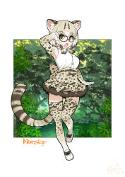 Rule 34 | 10s, 1girl, animal ears, bare shoulders, black-framed eyewear, black hair, blonde hair, blush, bow, bowtie, breasts, cat ears, cat tail, character name, commentary request, elbow gloves, fang, full body, glasses, gloves, green eyes, highres, kemono friends, looking at viewer, margay (kemono friends), medium breasts, multicolored hair, open mouth, pond, shirt, short hair, skirt, sleeveless, tail, thighhighs, tree, umigarasu (kitsune1963), zettai ryouiki