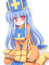 Rule 34 | 1girl, blue hair, breasts squeezed together, breasts, dragon quest, dragon quest iii, hat, large breasts, latex, long hair, mitre, priest (dq3), ry (yagoyago), solo, square enix, tabard
