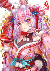 Rule 34 | 1girl, animal ears, aqua bow, bare shoulders, blue bow, blush, bow, bridal gauntlets, closed mouth, commentary request, crossed bangs, hair bow, hair ornament, hand up, highres, holding, japanese clothes, jewelry, kimono, long hair, long sleeves, looking at viewer, multicolored hair, off shoulder, original, pink bow, pink hair, pink kimono, purple eyes, rabbit ears, rabbit hair ornament, ring, sakiyamama, signature, smile, solo, twintails, two-tone hair, upper body, yellow nails