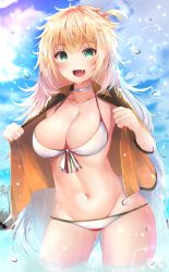 Rule 34 | 1girl, :d, absurdres, bikini, blonde hair, blue sky, blush, breasts, choker, cleavage, collarbone, da (room), day, fang, girls&#039; frontline, green eyes, groin, hair between eyes, hair ornament, hairband, highres, hiromaster sinta jh, jacket, long hair, looking at viewer, medium breasts, messy hair, navel, open clothes, open jacket, open mouth, orange hairband, outdoors, s.a.t.8 (girls&#039; frontline), sidelocks, signature, sky, smile, solo, sparkle, stomach, swimsuit, very long hair, wading, wet, white bikini