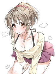 Rule 34 | 1girl, blush, bra strap, breasts, brown eyes, brown hair, chestnut mouth, cleavage, collarbone, cowboy shot, exhausted, hair ornament, hair scrunchie, hand on own thigh, heavy breathing, high ponytail, highres, hori yuko, idolmaster, idolmaster cinderella girls, idolmaster cinderella girls starlight stage, jewelry, karan, leaning forward, long hair, long sleeves, looking at viewer, medium breasts, miniskirt, necklace, open mouth, pink scrunchie, pleated skirt, ponytail, purple skirt, scrunchie, shirt, simple background, skirt, standing, sweat, white background, yellow shirt