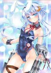 Rule 34 | 10s, 1girl, alternate costume, animal ears, artist name, at classics, blue eyes, blue hair, blush, cameltoe, closed mouth, covered navel, cowboy shot, crescent, crescent pin, detached collar, expressionless, fake animal ears, flower, gluteal fold, groin, kantai collection, leotard, looking at viewer, neck ribbon, playboy bunny, rabbit ears, rabbit tail, red ribbon, ribbon, sample watermark, short hair with long locks, solo, tail, thigh strap, torpedo, traditional media, turret, watermark, wrist cuffs, yayoi (kancolle)