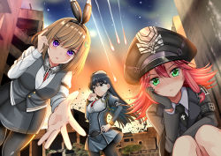 Rule 34 | 3girls, absurdres, ash arms, between breasts, black eyes, black hair, blush, breasts, brown hair, building, commentary request, cross, explosion, fire, gloves, green eyes, hair between eyes, hat, highres, iron cross, long hair, maus (ash arms), military, military hat, military uniform, millipen (medium), multiple girls, necktie, necktie between breasts, ougi (ihayasaka), pantyhose, pov, purple eyes, reaching, reaching towards viewer, red hair, short hair, sky, traditional media, uniform