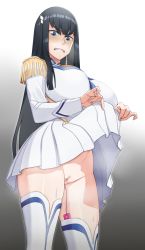Rule 34 | 1girl, black hair, blue eyes, blush, breasts, censored, clothes lift, frown, gradient background, handplug, highres, kill la kill, kiryuuin satsuki, large breasts, lifted by self, long hair, looking at viewer, looking down, no panties, pussy, sex toy, simple background, skirt, skirt lift, solo, thick eyebrows, thighhighs, vibrator, white thighhighs