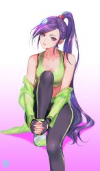 Rule 34 | 1girl, absurdres, artist request, bare shoulders, blush, breasts, dragon quest, dragon quest xi, highres, jacket, jewelry, long hair, looking at viewer, martina (dq11), medium breasts, pants, ponytail, purple eyes, purple hair, simple background, sitting, smile, solo, sports bra, sportswear, very long hair, white background