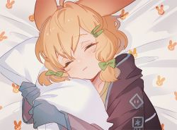 Rule 34 | 1girl, animal ears, arknights, awa iro, bed sheet, blonde hair, blush, closed eyes, closed mouth, hair ornament, hairclip, jacket, kroos (arknights), low twintails, hugging object, pillow, pillow hug, rabbit ears, rabbit girl, ribbon, sleeping, solo, twintails