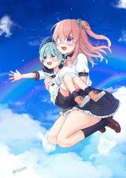 Rule 34 | 1boy, 1girl, age difference, black skirt, blue eyes, blue hair, blush, carrying, eyepatch, happy, headphones, nei (os), open mouth, original, os (os fresa), pink hair, princess carry, purple eyes, rainbow, scrunchie, shorts, side ponytail, skirt, souta (os), twitter username