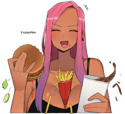 Rule 34 | 1girl, between breasts, blush, breasts, burger, cleavage, cup, dark-skinned female, dark skin, disposable cup, english text, food, french fries, large breasts, long hair, looking at viewer, ohasi, open mouth, original, pink (ohasi), pink hair, simple background, solo, white background