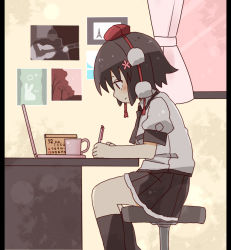 Rule 34 | 1girl, black hair, black necktie, black skirt, blush, calendar (object), closed mouth, commentary request, computer, cup, curtains, hair between eyes, hat, holding, holding pencil, indoors, kneehighs, laptop, light smile, mini hat, mug, necktie, pencil, pillarboxed, pleated skirt, puffy short sleeves, puffy sleeves, red eyes, red hat, shameimaru aya, shirt, short sleeves, sitting, skirt, socks, solo, stool, tokin hat, totoharu (kujirai minato), touhou, white shirt, window