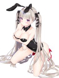 Rule 34 | 1girl, animal ears, azur lane, bare arms, bare shoulders, black bow, black collar, black hairband, black leotard, blush, bow, breasts, cleavage, closed mouth, collar, collarbone, commentary request, detached collar, fake animal ears, formidable (azur lane), full body, grey hair, hair bow, hairband, high heels, k mugura, large breasts, leotard, long hair, looking at viewer, playboy bunny, rabbit ears, red eyes, red footwear, shoes, simple background, solo, strapless, strapless leotard, twintails, v-shaped eyebrows, very long hair, white background, wing collar