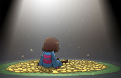 Rule 34 | androgynous, blue sweater, brown footwear, brown hair, brown pants, flower, frisk (undertale), from behind, gender request, light rays, long sleeves, mary cagle, pants, petals, puffy long sleeves, puffy sleeves, shoes, sitting, solo, striped clothes, striped sweater, sunbeam, sunlight, sweater, undertale, yellow flower