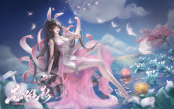 Rule 34 | 1girl, absurdres, artist request, brown hair, bug, butterfly, cherry blossoms, cloud, douluo dalu, dress, flower, full body, glowing butterfly, hand in own hair, high heels, highres, insect, lantern, moon, petals, pink dress, ponytail, ripples, second-party source, sitting, splashing, thighhighs, water, xiao wu (douluo dalu)