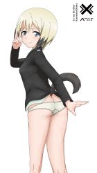 Rule 34 | 1girl, absurdres, ass, blonde hair, blue eyes, blush, breasts, butt crack, dated, dog tail, erica hartmann, highres, looking at viewer, looking back, military, military uniform, panties, shiny skin, short hair, simple background, small breasts, solo, standing, strike witches, tail, underwear, uniform, white background, white panties, world witches series