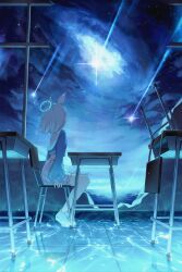 Rule 34 | 1girl, absurdres, arona (blue archive), blue archive, blue hair, blue halo, blue serafuku, chair, commentary, desk, halo, highres, long sleeves, looking up, ocean, orecalc3092, pleated skirt, school chair, school desk, school uniform, serafuku, shoes, short hair, sitting, skirt, solo, symbol-only commentary, water, white footwear, white skirt