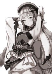 Rule 34 | 1girl, absurdly long hair, armpits, arms behind back, arms behind head, bare shoulders, belt, beret, blunt bangs, braid, breasts, detached sleeves, frills, fringe trim, granblue fantasy, greyscale, hair ornament, hat, highres, hikimayu, knees up, long hair, looking at viewer, monochrome, nosuku, pholia, ribbon, sidelocks, skirt, small breasts, smile, solo, thick eyebrows, thighs, very long hair