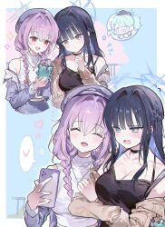 Rule 34 | 0202ase, 3girls, absurdres, alternate costume, atsuko (blue archive), bare shoulders, black choker, black hair, blue archive, blue hair, braid, breasts, cellphone, choker, cleavage, closed eyes, closed mouth, grey eyes, halo, hat, highres, hiyori (blue archive), holding, holding hands, holding phone, jacket, long hair, multicolored hair, multiple girls, multiple views, open clothes, open jacket, open mouth, phone, pink hair, red eyes, saori (blue archive), shirt, skirt, smartphone, smile, sweat, twin braids, two-tone hair, upper body, white shirt, yuri