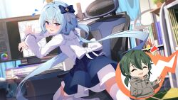 Rule 34 | blue bow, blue hair, blue skirt, book, bookshelf, bow, closed eyes, drawing, flying sweatdrops, green hair, griseo, hair bow, hamanashi (trapiorra), hand in pocket, highres, honkai (series), honkai impact 3rd, hood, hood down, hoodie, indoors, kosma, long hair, long sleeves, monitor, nervous, nervous smile, nervous sweating, official art, on chair, open mouth, purple hair, second-party source, shirt, sitting, skirt, smile, sweat, thighhighs, twintails, white shirt, white thighhighs