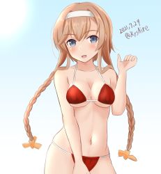 Rule 34 | 1girl, ame-san, bikini, braid, breasts, commentary request, cowboy shot, dated, grey eyes, hair ornament, hairband, highres, kantai collection, light brown hair, long hair, looking at viewer, medium breasts, one-hour drawing challenge, propeller hair ornament, red bikini, solo, swimsuit, teruzuki (kancolle), twin braids, twitter username, white hairband
