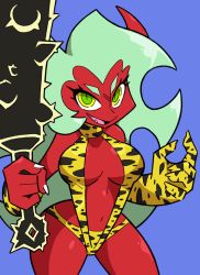 Rule 34 | 10s, 1girl, animal print, breasts, club (weapon), colored skin, demon girl, gloves, green eyes, green hair, horns, kanabou, large breasts, long hair, matching hair/eyes, navel, oni, panty &amp; stocking with garterbelt, red skin, scanty (psg), shenanimation, single glove, slingshot swimsuit, solo, swimsuit, tiger print, weapon