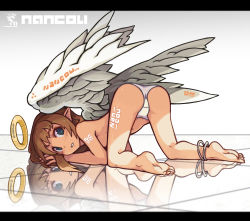 Rule 34 | 1girl, angel, anklet, artistic error, bad reflection, barefoot, blue eyes, brown hair, feet, halo, jewelry, letterboxed, nancou (nankou), original, panties, parted lips, pointy ears, reflection, reflective floor, solo, top-down bottom-up, topless, underwear, wings