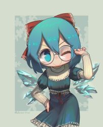 Rule 34 | 1girl, ;), absurdres, adapted costume, artist name, bespectacled, blue dress, blue eyes, blue hair, bow, c:, cirno, cirno day, commentary, dated, dress, english commentary, glasses, hair between eyes, hair bow, hand on own hip, highres, ice, ice wings, long sleeves, looking at viewer, one eye closed, porforever, red bow, round eyewear, short hair, simple background, smile, solo, touhou, v-shaped eyebrows, wings
