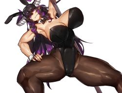 Rule 34 | 1girl, animal ears, arm up, armpits, bare shoulders, black leotard, bow, bowtie, braid, breasts, breasts apart, cameltoe, cleavage, demon horns, detached collar, fake animal ears, female focus, game cg, groin, hand on own thigh, horns, huge breasts, legs, legs apart, leotard, long hair, looking at viewer, maou to shugo kishi, melon22, multicolored hair, original, pantyhose, pink eyes, playboy bunny, pole, pole dancing, rabbit ears, solo, standing, strapless, thick thighs, thighs, transparent background, twin braids, two-tone hair, wrist cuffs