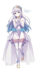 Rule 34 | 1girl, bad id, bad pixiv id, bare shoulders, blue eyes, blue flower, blue hair, blue rose, closed mouth, collarbone, commission, cross, dress, earrings, elbow gloves, english text, flower, full body, garter straps, gloves, gradient hair, hairband, head tilt, highres, holding, jewelry, latin cross, looking at viewer, multicolored hair, off-shoulder dress, off shoulder, original, purple hair, rose, short dress, sidelocks, signature, solo, standing, standing on one leg, tareme, thighhighs, white dress, white gloves, white thighhighs, yampa, yellow footwear, yellow hairband