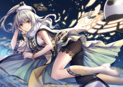 Rule 34 | 1girl, althea (sakiya0000), ass, bible bullet, blush, boots, breasts, closed mouth, highres, knee boots, large breasts, long hair, looking at viewer, silver hair, smile, solo, white footwear, yellow eyes, yin yang