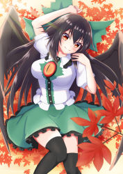 Rule 34 | 1girl, absurdres, arm above head, bird wings, black hair, black thighhighs, black wings, blouse, blush, bow, breasts, commentary request, feet out of frame, green bow, green skirt, hair between eyes, hair bow, head tilt, highres, knees together feet apart, large breasts, leaf, light rays, long hair, looking at viewer, lying, maple leaf, o1118, on back, puffy short sleeves, puffy sleeves, red eyes, reiuji utsuho, shirt, short sleeves, skirt, smile, solo, thighhighs, touhou, very long hair, white shirt, wings, zettai ryouiki