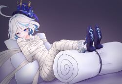 Rule 34 | 1girl, absurdres, ahoge, arms behind back, bandages, bdsm, blue bow, blue eyes, blue footwear, blue hair, blue hat, bondage, bound, bound legs, bow, commentary request, furina (genshin impact), genshin impact, hair between eyes, hat, hat bow, high heels, highres, looking at viewer, multicolored hair, mummification (bound), pillow, purple background, reclining, short hair, socks, solo, streaked hair, tk (t-k), top hat, white hair, white socks