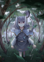 Rule 34 | 1girl, animal ears, bad id, bad pixiv id, capelet, dowsing rod, female focus, grass, grey hair, highres, jewelry, miyaoi, mouse ears, mouse tail, nazrin, pendant, red eyes, short hair, skirt, solo, tail, touhou, tree