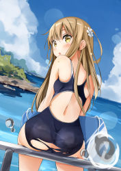 Rule 34 | 1girl, :o, ass, bare arms, bare shoulders, blue one-piece swimsuit, blue sky, blush, brown eyes, brown hair, cloud, commentary request, competition school swimsuit, day, flower, from behind, hair between eyes, hair flower, hair ornament, highres, long hair, looking at viewer, looking back, miyuki (yxbt7), ocean, one-piece swimsuit, open mouth, original, outdoors, revision, school swimsuit, sitting, sky, solo, swimsuit, thighs, torn clothes, torn swimsuit, water, water drop, wet, white flower
