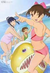Rule 34 | &gt; &lt;, 3girls, :d, ;d, ^ ^, absurdres, aoi minamo, armpits, ass, back, barefoot, bikini, blue hair, bow, breasts, brown hair, casual one-piece swimsuit, cleavage, closed eyes, cloud, day, feet, fish, fisheye, flat chest, hair bow, halterneck, happy, highres, holding, inflatable raft, itou yukino, kneepits, leaning forward, leg lift, looking at viewer, looking back, medium breasts, megami magazine, mikomoto sayaka, mountain, multiple girls, non-web source, ocean, official art, one-piece swimsuit, one eye closed, open mouth, orange eyes, outdoors, outstretched arm, outstretched arms, pink bow, plump, pointing, ponytail, profile, real drive, scan, scrunchie, short hair, sidelocks, single vertical stripe, sky, small breasts, smile, splashing, spread legs, standing, standing on one leg, swimsuit, tankini, thick thighs, thighs, transparent, tripping, ueyama tetsuro, water, wink