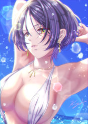 Rule 34 | 1girl, armpits, arms behind head, arms up, bad id, bad pixiv id, blue hair, blue sky, breasts, cleavage, collarbone, day, earrings, hair between eyes, halterneck, hayami kanade, idolmaster, idolmaster cinderella girls, jewelry, koya (koya x 00), large breasts, looking at viewer, nail polish, necklace, ocean, one-piece swimsuit, outdoors, parted bangs, parted lips, short hair, sideboob, signature, sky, slingshot swimsuit, solo, swimsuit, underboob, upper body, water, water drop, white one-piece swimsuit, white slingshot swimsuit, yellow eyes