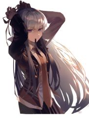 Rule 34 | 1girl, arms up, b zhan cm yang, black gloves, black jacket, blunt bangs, braid, breasts, closed mouth, collared shirt, commentary request, danganronpa: trigger happy havoc, danganronpa (series), gloves, hair ribbon, highres, jacket, kirigiri kyoko, long hair, long sleeves, looking at viewer, mouth hold, necktie, open clothes, open jacket, purple eyes, purple hair, red necktie, ribbon, shirt, simple background, skirt, smile, solo, striped clothes, striped shirt, tying hair, white background, white shirt