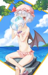 Rule 34 | 1girl, absurdres, bad id, bad twitter id, ball, bare arms, bare legs, bare shoulders, bat wings, beachball, bikini, blue hair, blue sky, cha chya, cloud, collarbone, commentary, day, feet out of frame, frilled bikini, frills, groin, hair between eyes, hands up, hat, hat ribbon, highres, holding, holding ball, looking at viewer, mob cap, nail polish, navel, outdoors, pink bikini, pink hat, pointy ears, purple footwear, purple scrunchie, red eyes, red nails, red ribbon, remilia scarlet, ribbon, rock, sandals, scrunchie, short hair, sitting, sky, solo, sparkle, stomach, swimsuit, thighs, touhou, water, wings, wrist scrunchie