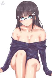 Rule 34 | 10s, 1girl, absurdres, arm support, artist name, bare shoulders, bespectacled, black hair, blush, breasts, cleavage, eyes visible through hair, glasses, green eyes, hair ornament, hairclip, highres, hime cut, kaya (yoshina9), kurosawa dia, large breasts, long hair, looking at viewer, love live!, love live! sunshine!!, no bra, off shoulder, signature, simple background, sitting, solo, sweater, white background