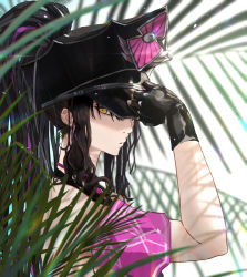 Rule 34 | 1girl, black gloves, black hair, breasts, dappled sunlight, day, fate/grand order, fate (series), from side, gloves, hand on headwear, hand up, hat, hat over one eye, kdm (ke dama), long hair, looking at viewer, multicolored hair, one eye covered, palm leaf, parted lips, peaked cap, pink hair, ponytail, puckered lips, sessyoin kiara, sessyoin kiara (swimsuit mooncancer), sessyoin kiara (swimsuit mooncancer) (second ascension), sideways glance, solo, streaked hair, sunlight, upper body, white background, yellow eyes