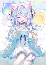 Rule 34 | 1girl, :d, ^ ^, animal ear fluff, animal ears, aqua hair, bell, black choker, blue cardigan, cake, cardigan, cat ears, cat girl, cat tail, choker, closed eyes, d omm, dress, facing viewer, food, fork, frilled dress, frills, grey hair, hair bell, hair ornament, highres, indie virtual youtuber, long hair, long sleeves, multicolored hair, nekono shiyu, off shoulder, open cardigan, open clothes, open mouth, plate, second-party source, sitting, sleeveless, sleeveless dress, smile, streaked hair, tail, two side up, virtual youtuber, white dress, white hair