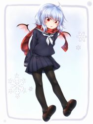 Rule 34 | 1girl, ahoge, alternate costume, bat wings, black pantyhose, blue background, blue hair, blue sailor collar, blue serafuku, blue skirt, blush, border, brown footwear, commentary request, contemporary, fang, full body, gradient background, grey border, hair between eyes, highres, loafers, long sleeves, looking at viewer, marukyuu ameya, miniskirt, neckerchief, no headwear, open mouth, pantyhose, pleated skirt, red eyes, red scarf, remilia scarlet, sailor collar, scarf, school uniform, serafuku, shoes, short hair, skirt, sleeves past fingers, sleeves past wrists, snowflakes, solo, touhou, white background, white neckerchief, wings