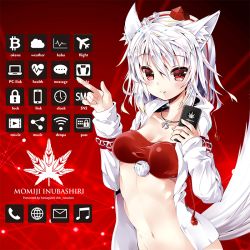 Rule 34 | 1girl, alternate costume, animal ears, bikini, bikini top only, blush, bottomless, breasts, character name, cleavage, closed mouth, cryptocurrency, english text, fang, fang out, hands up, hat, holding, holding phone, hood, hood down, hooded jacket, inubashiri momiji, jacket, jewelry, leaf, long sleeves, looking at viewer, mini hat, navel, necklace, open clothes, open jacket, out-of-frame censoring, pendant, phone, pointing, red bikini, red eyes, red hat, smile, solo, stomach, swimsuit, tail, tassel, tokin hat, touhou, upper body, white jacket, wolf ears, wolf tail, yamaguchi shinnosuke