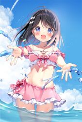 Rule 34 | 1girl, :d, ahoge, bare shoulders, bikini, black hair, blue eyes, blue sky, blush, bow, breasts, cloud, collarbone, commentary request, day, earrings, frilled bikini, frills, groin, hair bow, heart, heart earrings, jewelry, looking at viewer, medium breasts, navel, open mouth, original, outdoors, outstretched arms, pan (mimi), pink bikini, shirayuki yuuri, sky, smile, solo, standing, swimsuit, water, white bow