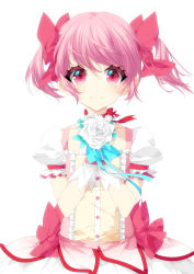 Rule 34 | 1girl, absurdres, bad id, bad twitter id, blue ribbon, blush, bouquet, bubble skirt, buttons, choker, closed mouth, colored eyelashes, dot nose, eyelashes, flat chest, floating hair, flower, frilled sleeves, frills, gloves, hair ribbon, hands up, happy, highres, holding, holding bouquet, kaname madoka, leaf, looking at viewer, mahou shoujo madoka magica, mahou shoujo madoka magica (anime), misteor, own hands together, pink eyes, pink hair, pink ribbon, pink theme, puffy short sleeves, puffy sleeves, red choker, red neckwear, ribbon, ribbon choker, rose, shaded face, shiny skin, short sleeves, short twintails, sidelocks, simple background, skirt, smile, solo, sparkling eyes, standing, tareme, twintails, upper body, white background, white flower, white gloves, white rose, white skirt