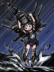 Rule 34 | 1girl, 8touhei, black hair, boat, chain, character name, gun, military, name tag, ocean, one-piece swimsuit, open mouth, original, personification, rain, school swimsuit, ship, solo, storm, swimsuit, torpedo boat, water, watercraft, weapon, wind
