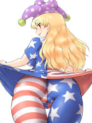 Rule 34 | 1girl, :p, american flag dress, american flag legwear, american flag shirt, ass, back, blonde hair, bondo, breasts, cameltoe, censored, clothes lift, clownpiece, dress, dress lift, female focus, from behind, hat, highres, jester cap, large breasts, long hair, looking at viewer, looking back, naughty face, pantyhose, pussy, red eyes, simple background, skin tight, solo, striped clothes, striped pantyhose, thigh gap, tongue, tongue out, touhou, white background
