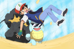 Rule 34 | 1boy, asatsuki (fgfff), ash ketchum, baseball cap, blue jacket, brown eyes, carrying, commentary request, creatures (company), day, explosion, fingerless gloves, game freak, gen 1 pokemon, gloves, hat, jacket, male focus, nintendo, open clothes, open jacket, open mouth, outdoors, pants, pokemon, pokemon (anime), pokemon (classic anime), pokemon (creature), running, shirt, shoes, short hair, short sleeves, smoke, spiked hair, squirtle, squirtle squad, tongue