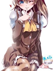 Rule 34 | 10s, 1girl, blue eyes, brown hair, dress, finger to mouth, kantai collection, kumano (kancolle), long hair, miuku (marine sapphire), one eye closed, ponytail, solo