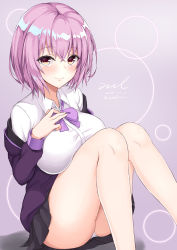 Rule 34 | 10s, 1girl, bare legs, black skirt, blush, bow, bowtie, breast press, breasts, closed mouth, collared shirt, dated, feet out of frame, grey background, gridman universe, hair between eyes, hand on own chest, jacket, knees up, large breasts, lipstick, long sleeves, looking at viewer, makeup, miniskirt, off shoulder, open clothes, open jacket, panties, pantyshot, pink hair, pink lips, purple bow, purple bowtie, purple jacket, school uniform, shinjou akane, shirt, short hair, signature, sitting, skirt, smile, solo, ssss.gridman, twitter username, underwear, unel, upskirt, white shirt, wing collar, yellow eyes