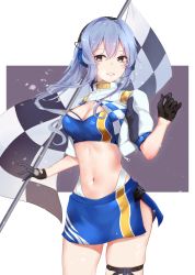Rule 34 | 1girl, alternate costume, bandeau, black gloves, blue bandeau, blue eyes, blue hair, breasts, brown eyes, checkered flag, cleavage, cropped jacket, flag, gloves, gotland (kancolle), headphones, headset, highleg, highres, jenson tw, kantai collection, large breasts, long hair, midriff, mole, mole under eye, navel, ponytail, race queen, short sleeves, side slit, simple background, skirt, solo, thigh strap, two-tone background