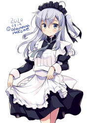 Rule 34 | 1girl, alternate costume, apron, black dress, blush, closed mouth, cowboy shot, dated, dress, enmaided, frilled apron, frills, grey eyes, grey neckerchief, hair between eyes, juliet sleeves, kantai collection, long hair, long sleeves, maid, maid headdress, neckerchief, odawara hakone, one-hour drawing challenge, one side up, puffy sleeves, silver hair, simple background, smile, solo, suzutsuki (kancolle), twitter username, white apron, white background